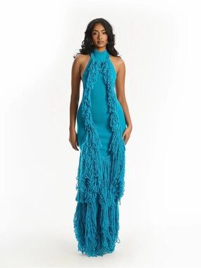 Hanifa Turquoise Fringe Halter Maxi Dress